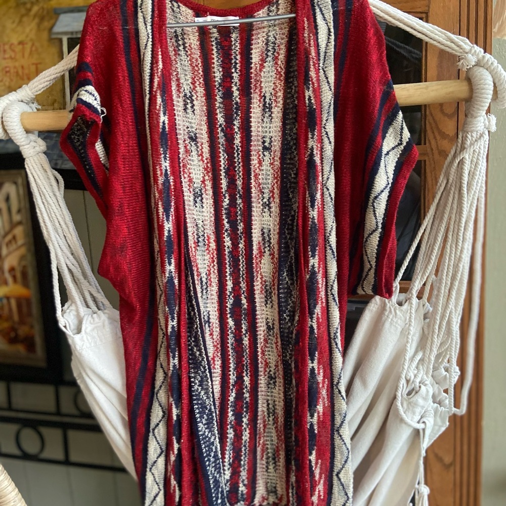 Maurices Red Striped Knit Poncho with Fringe
